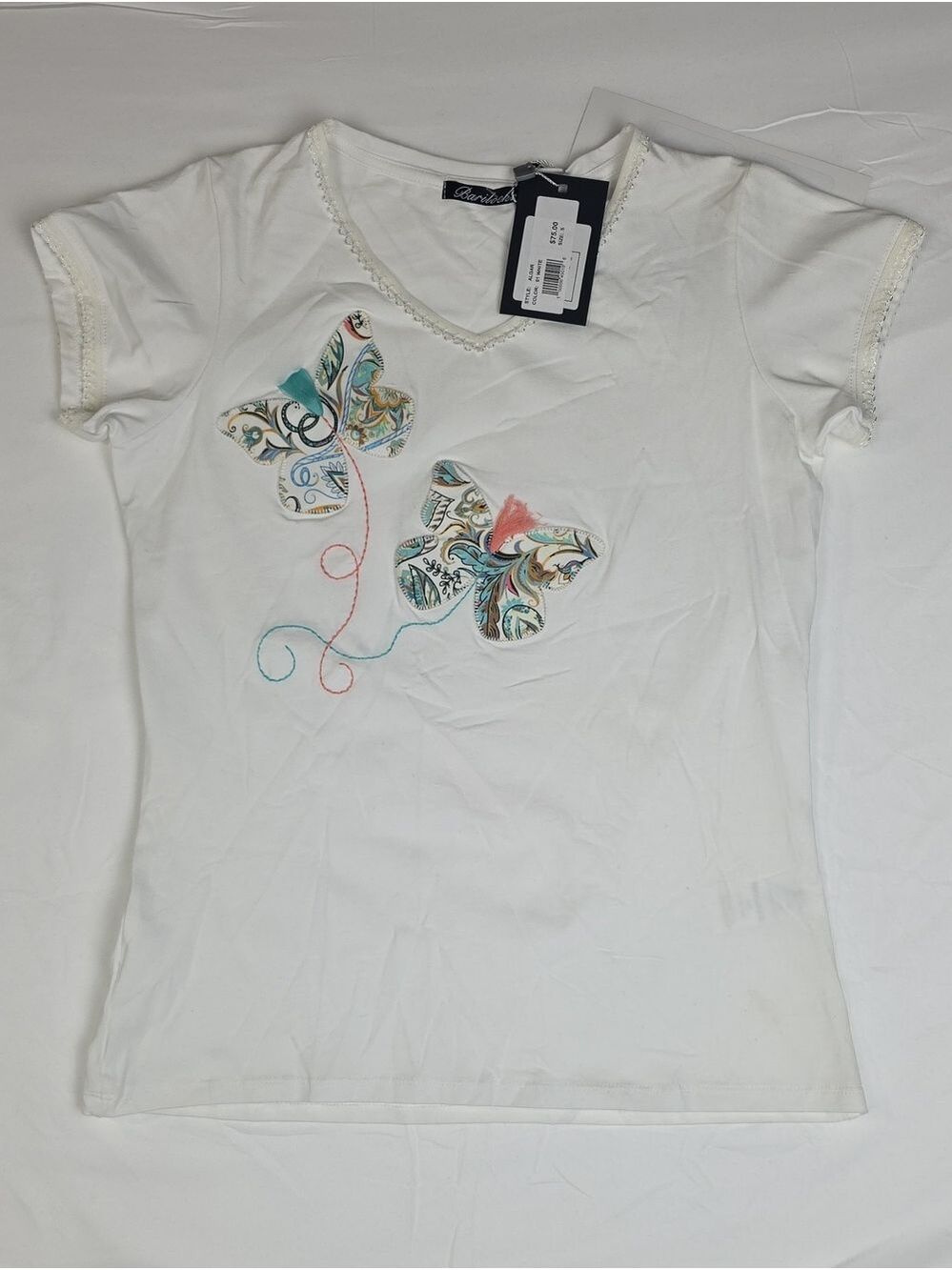 White Butterfly Embroidered V-Neck Tee by Small Dirty Spots